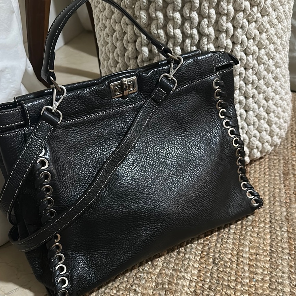 Black Leather Women's Satchel Bag with Eyelet Trim